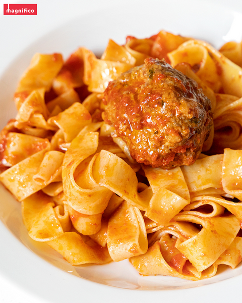 Italian Pappardelle egg pasta by Filotea with meatball