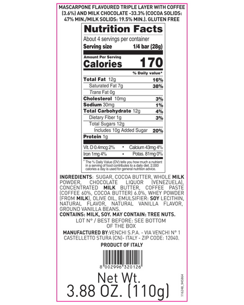 Tiramisu Milk Chocolate Bar 3.88 Oz